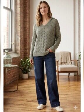 Natural Reflections Pointelle Knit Pullover Hoodie Sweater in a sage green color